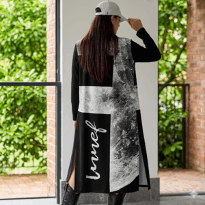 Cardigan kimono leggero lungo e fluido da donna Nero Lunef01