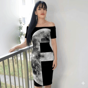 Abito elegante da donna con scollo a barca e maniche corte, modello a portafoglio,  Nero luna 01